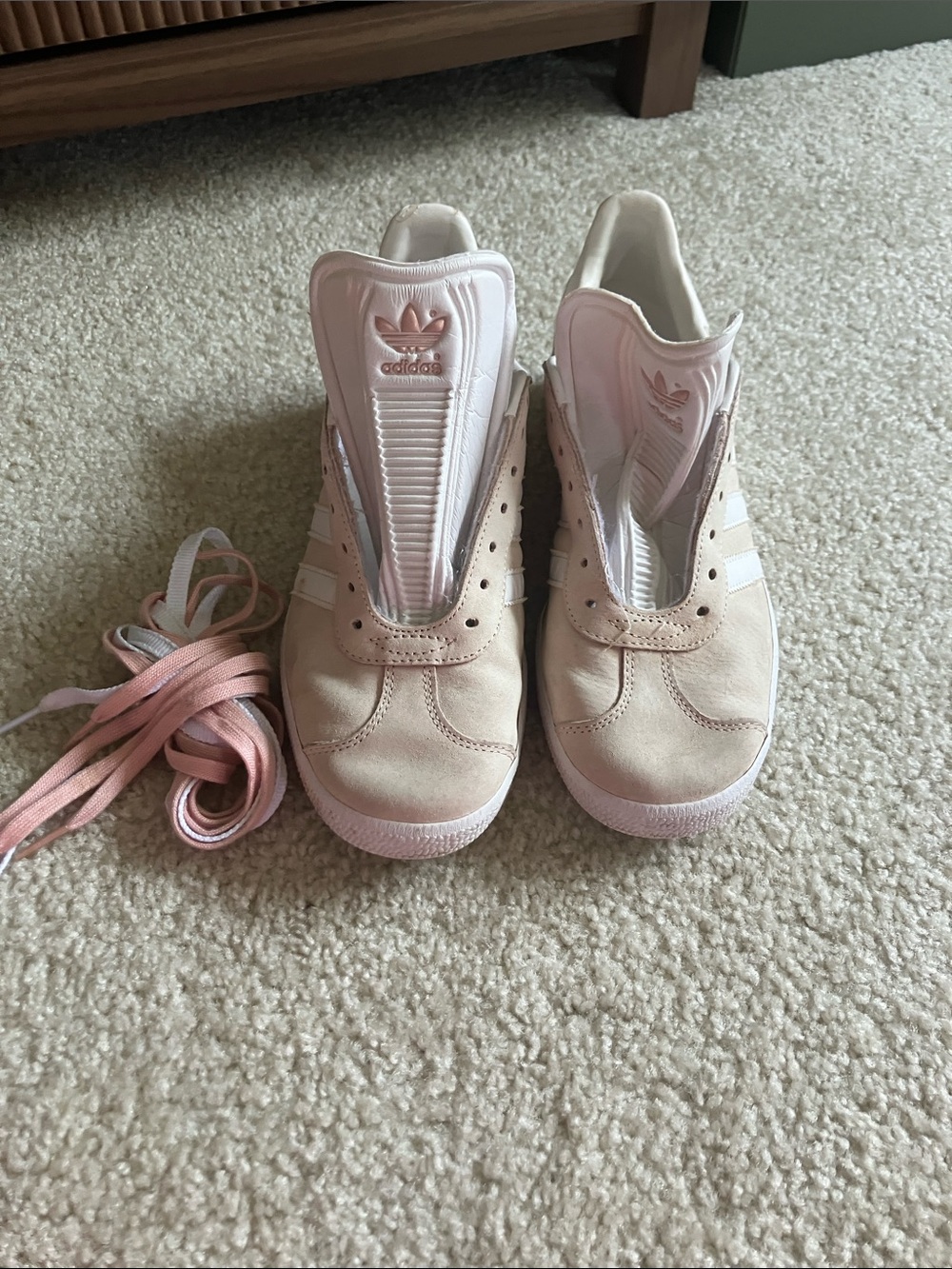 adidas Kids Light Pink Suede Sneakers with White Stripes